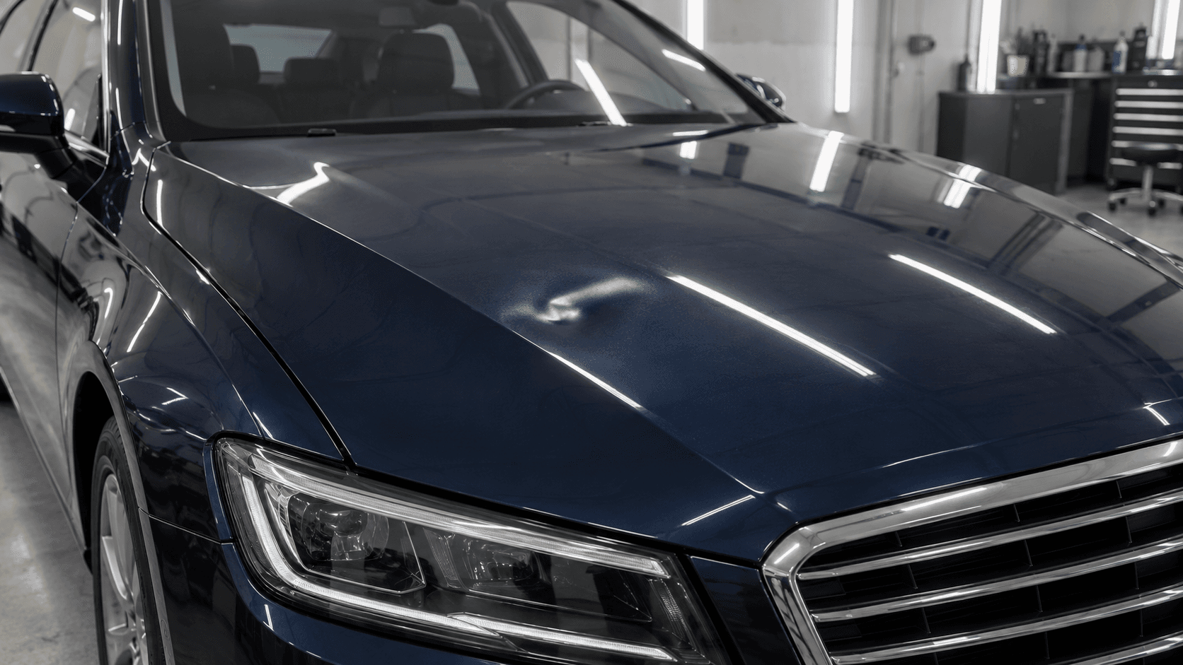 Shallow hood dent on a dark navy premium sedan before repair