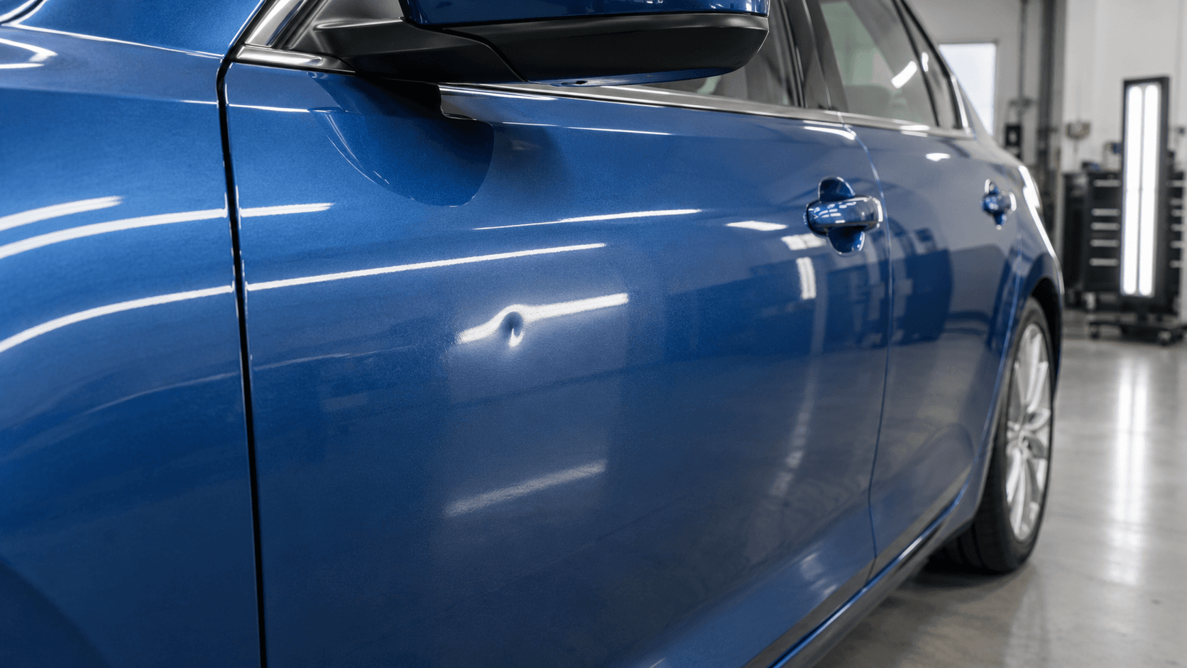 Small door ding on a metallic blue sedan before repair
