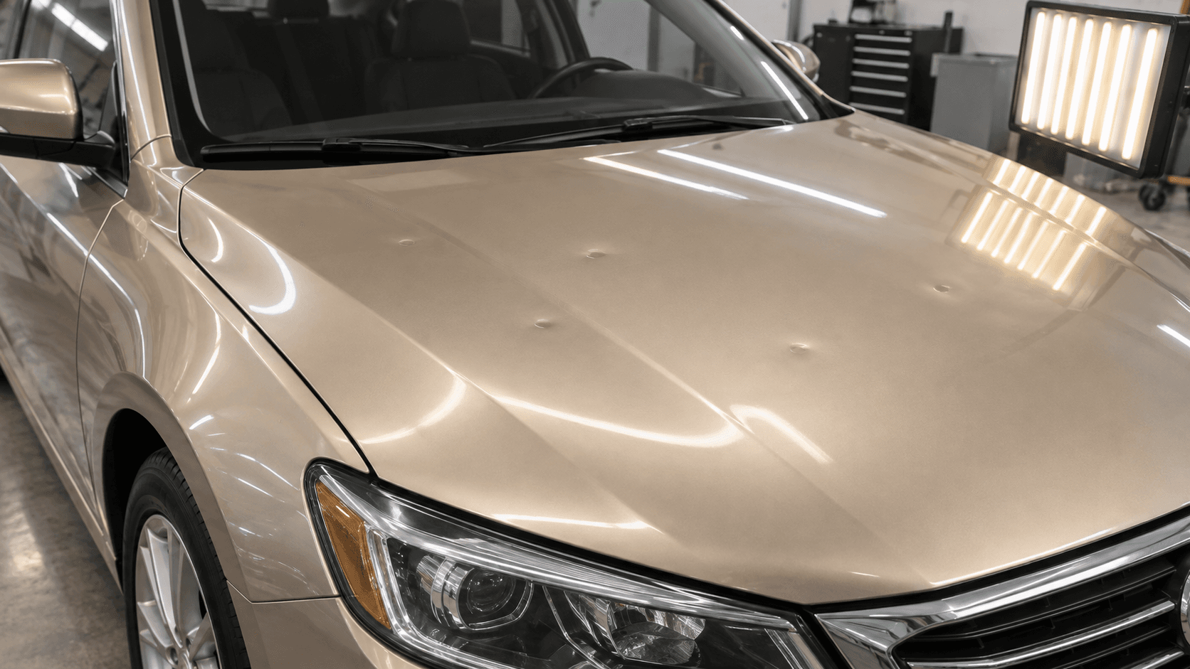 Several small hail dents on a champagne sedan hood before repair
