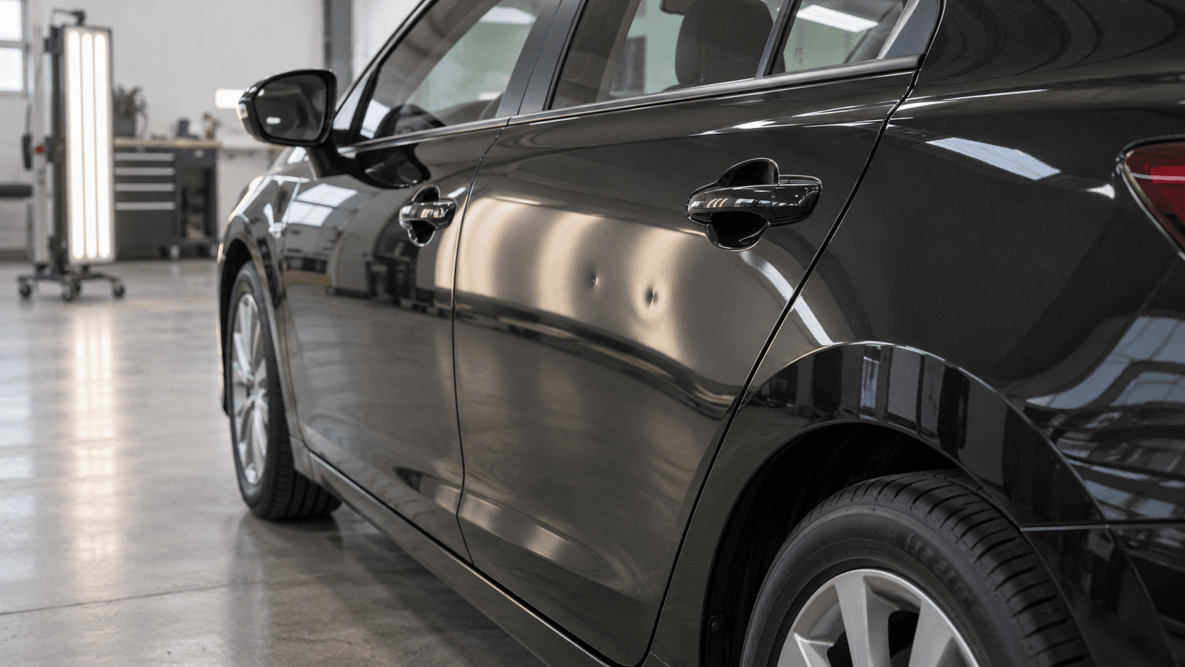 Two small door dings on a black sedan before lease return